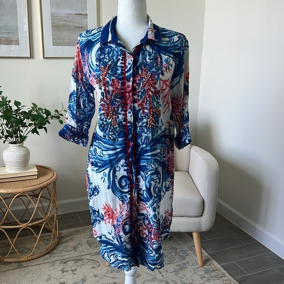 Antica Sartoria Beach Shirt Dress Button Front Cover Up Resort Wear Sequin Small - Picture 1 of 15